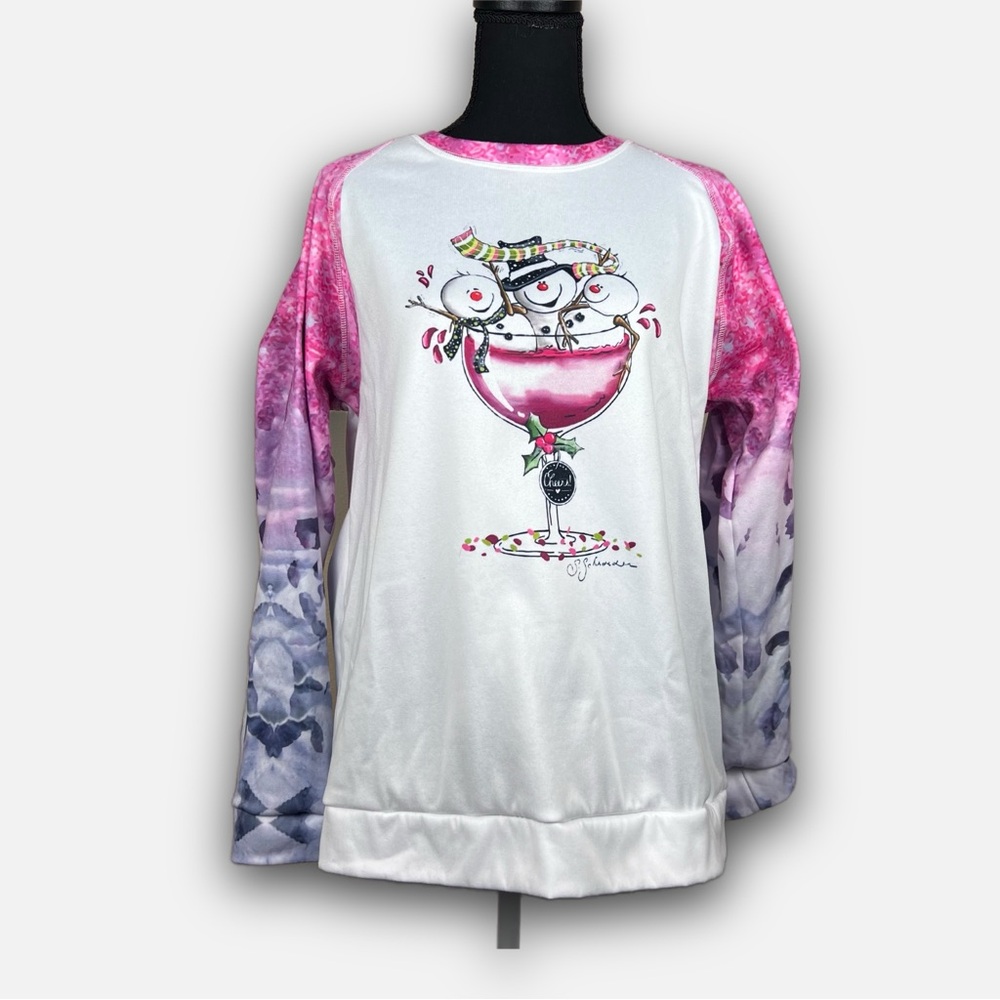 Festive Snowman Wine Glass Sweatshirt – White & Pink Trim – Size Large - Picture 2 of 11